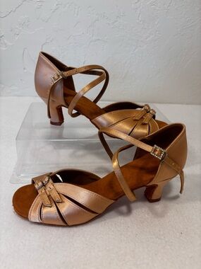 Ballroom Latin Dance Heels Bronze Satin Strappy Rhinestone Size 8